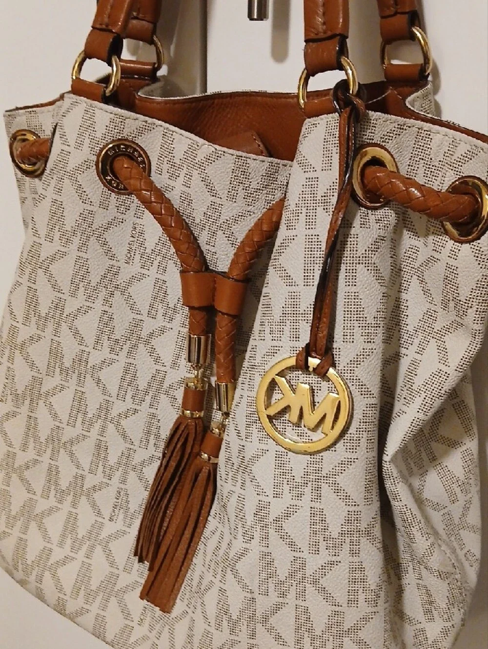 Michael Kors Beige Logo Tote with Brown Leather Trim and Tassel